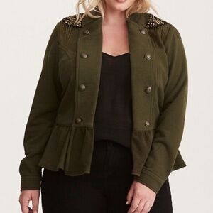 Torrid Army Green Beaded Chain Embellished Shoulders Military Sweatshirt Jacket